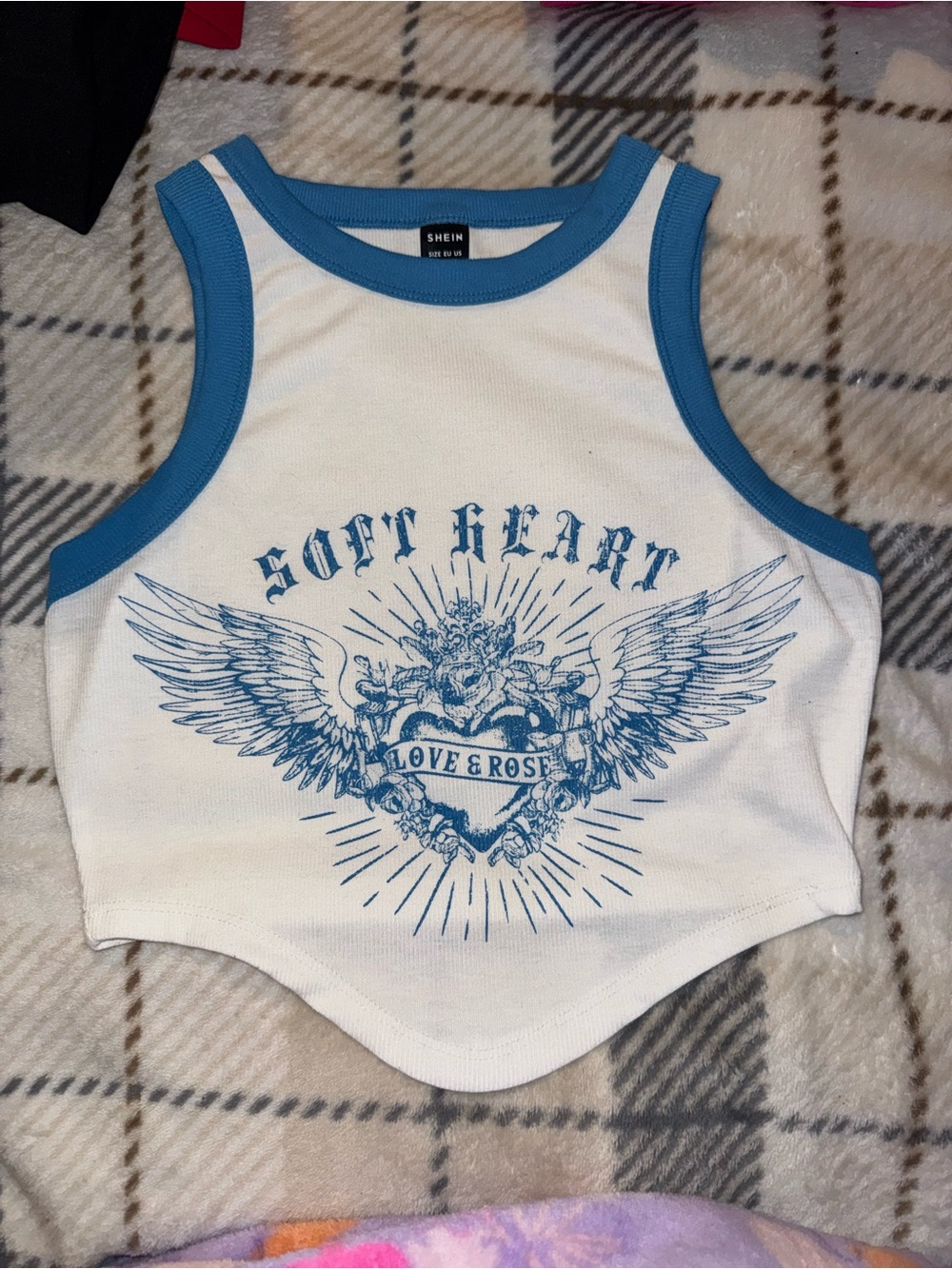 SHEIN White & Blue 'Soft Heart' Graphic Tank Top